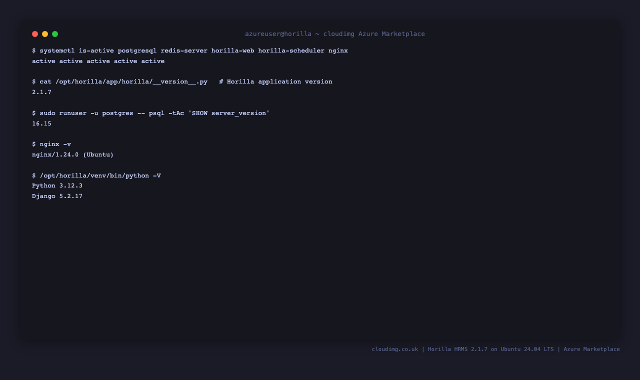 The Horilla stack running, with component versions