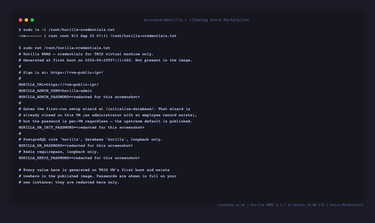 The per-VM credentials file, with secret values redacted