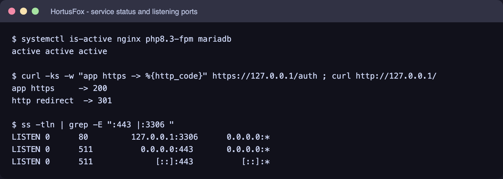 Service status and listening ports, with MariaDB bound to loopback only