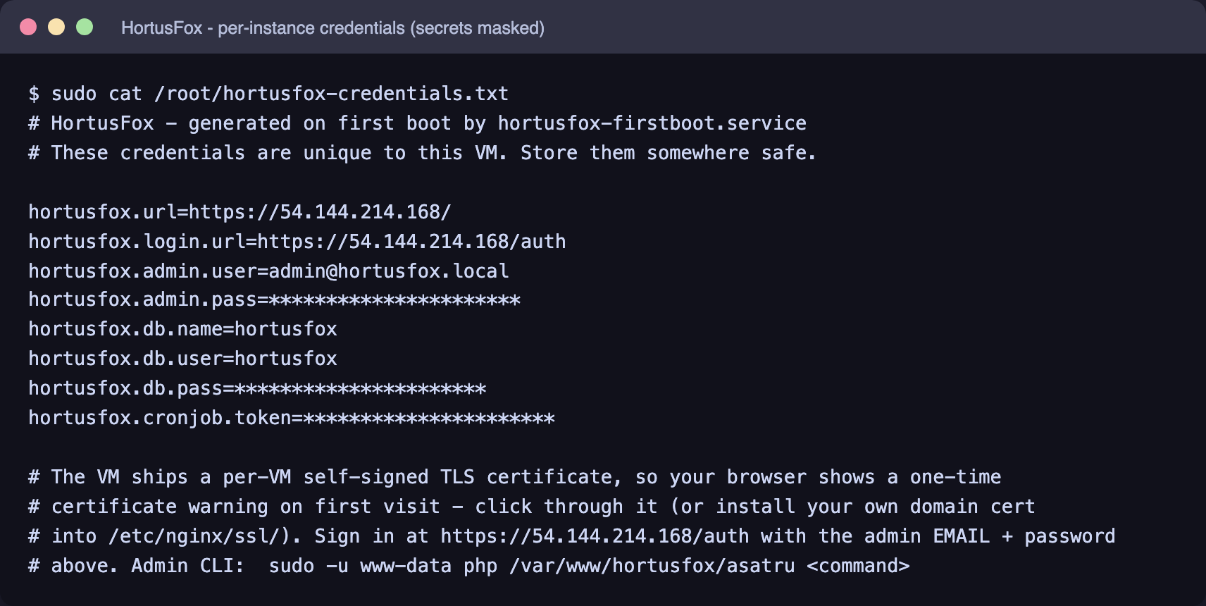 Per-instance credentials with the secrets masked