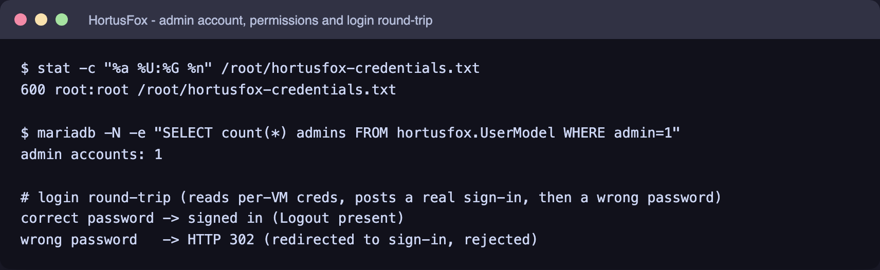 Administrator account, credentials file permissions and the login round-trip proof