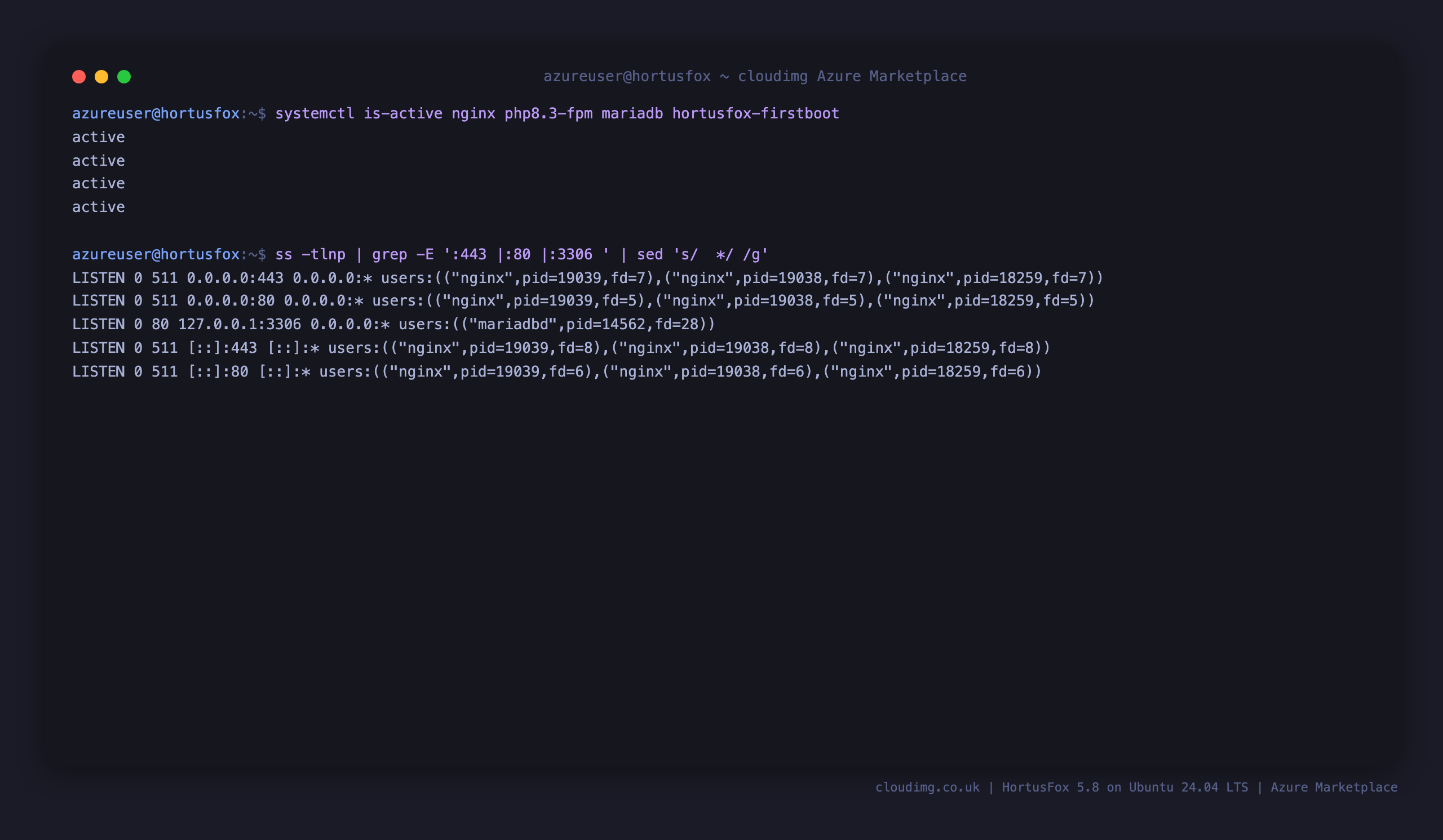 Service status and listening ports, with MariaDB bound to loopback only