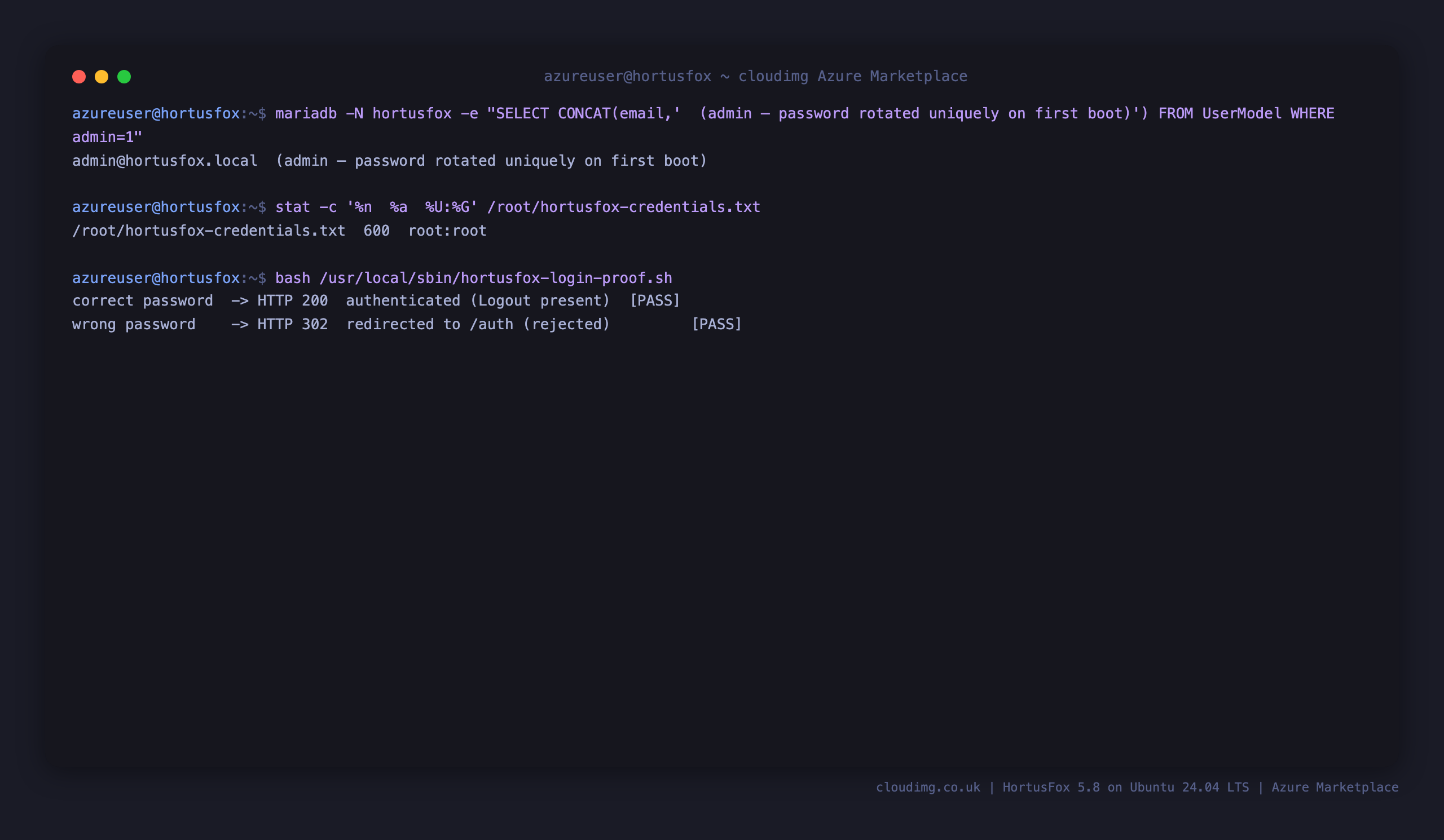 Administrator account, credentials file permissions and the login round-trip proof