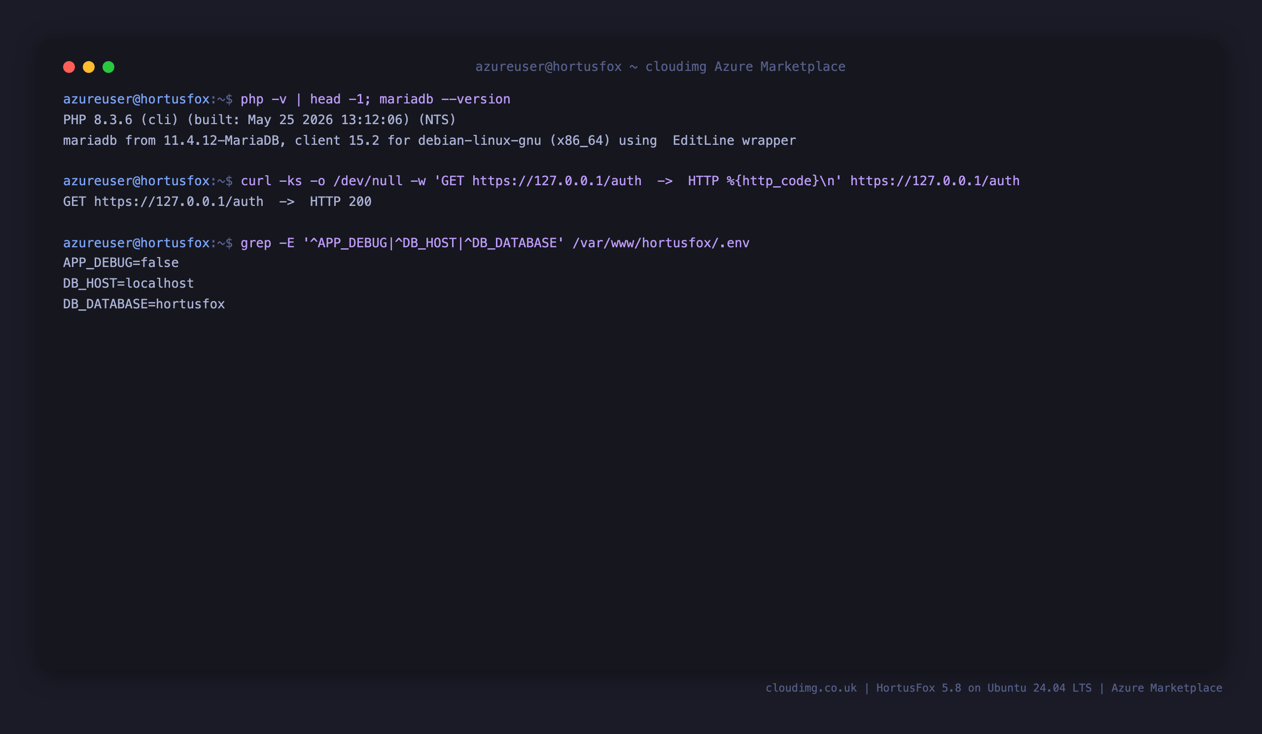 PHP and MariaDB versions, endpoint health and the production configuration