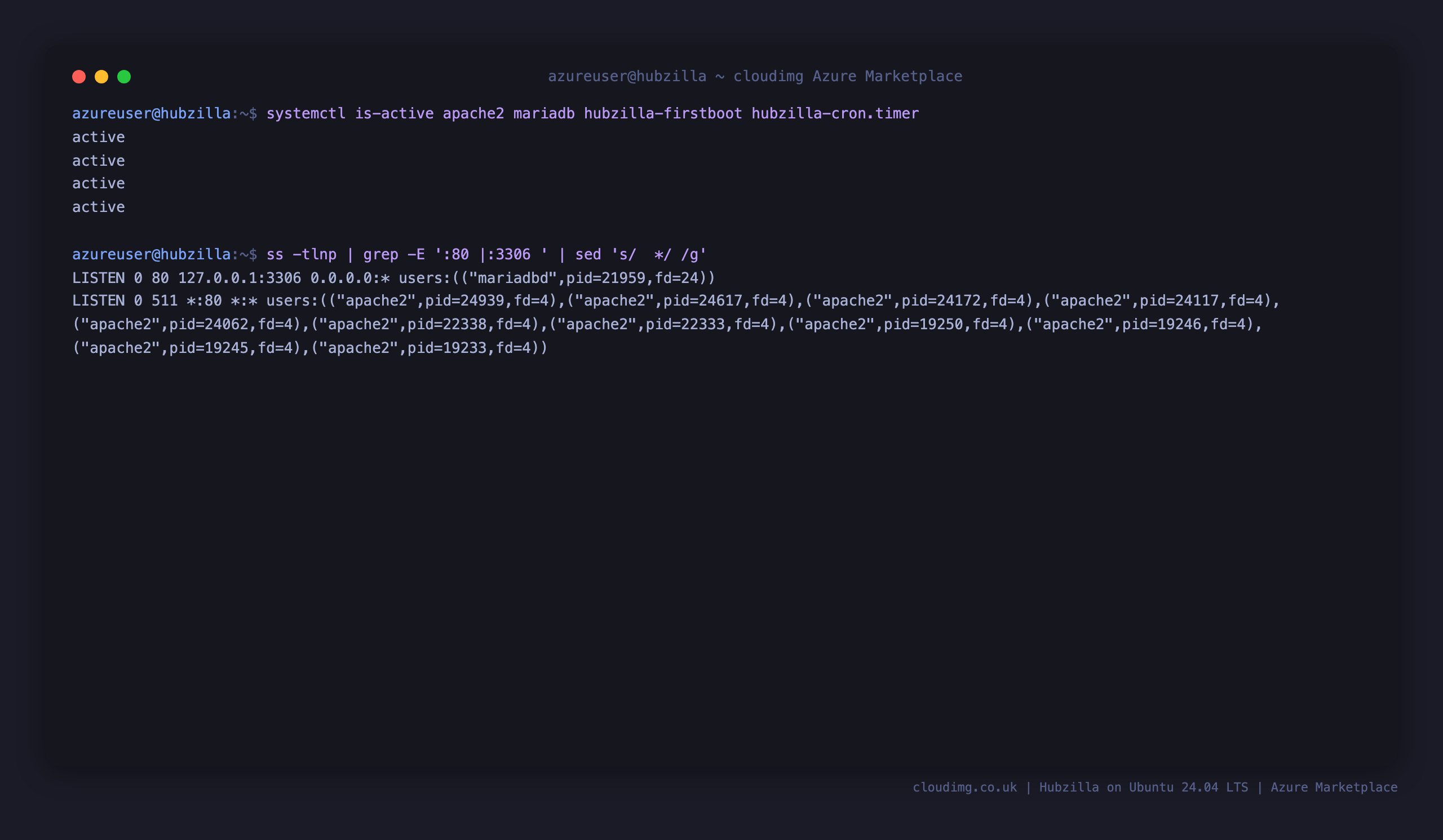 The apache2, mariadb, hubzilla-firstboot and hubzilla-cron.timer services active, with Apache on port 80 and MariaDB bound to loopback 127.0.0.1:3306