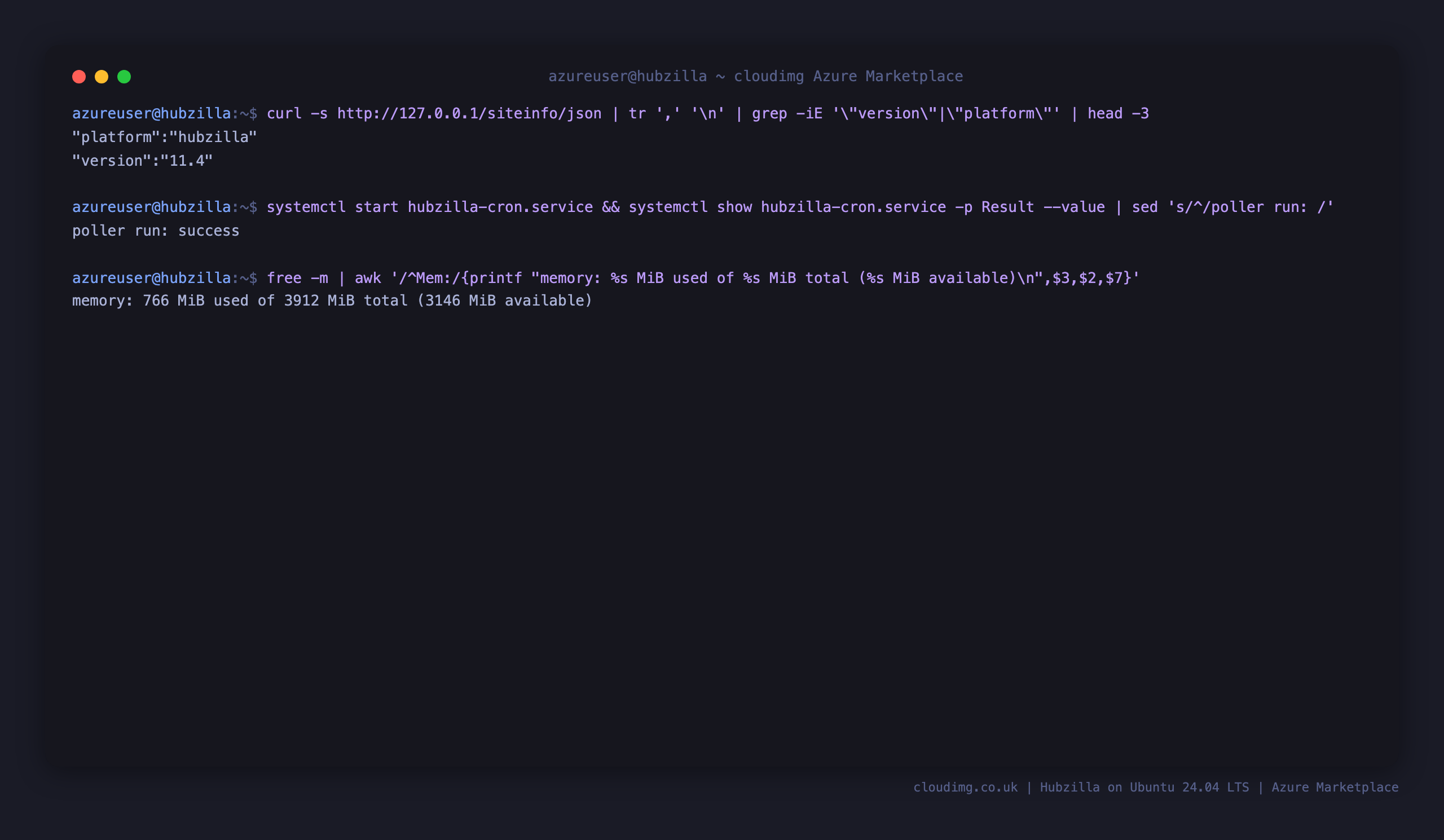 The Hubzilla version 11.4 from siteinfo, the poller service run reporting success, and the memory footprint well within the Standard_B2s 4 GiB