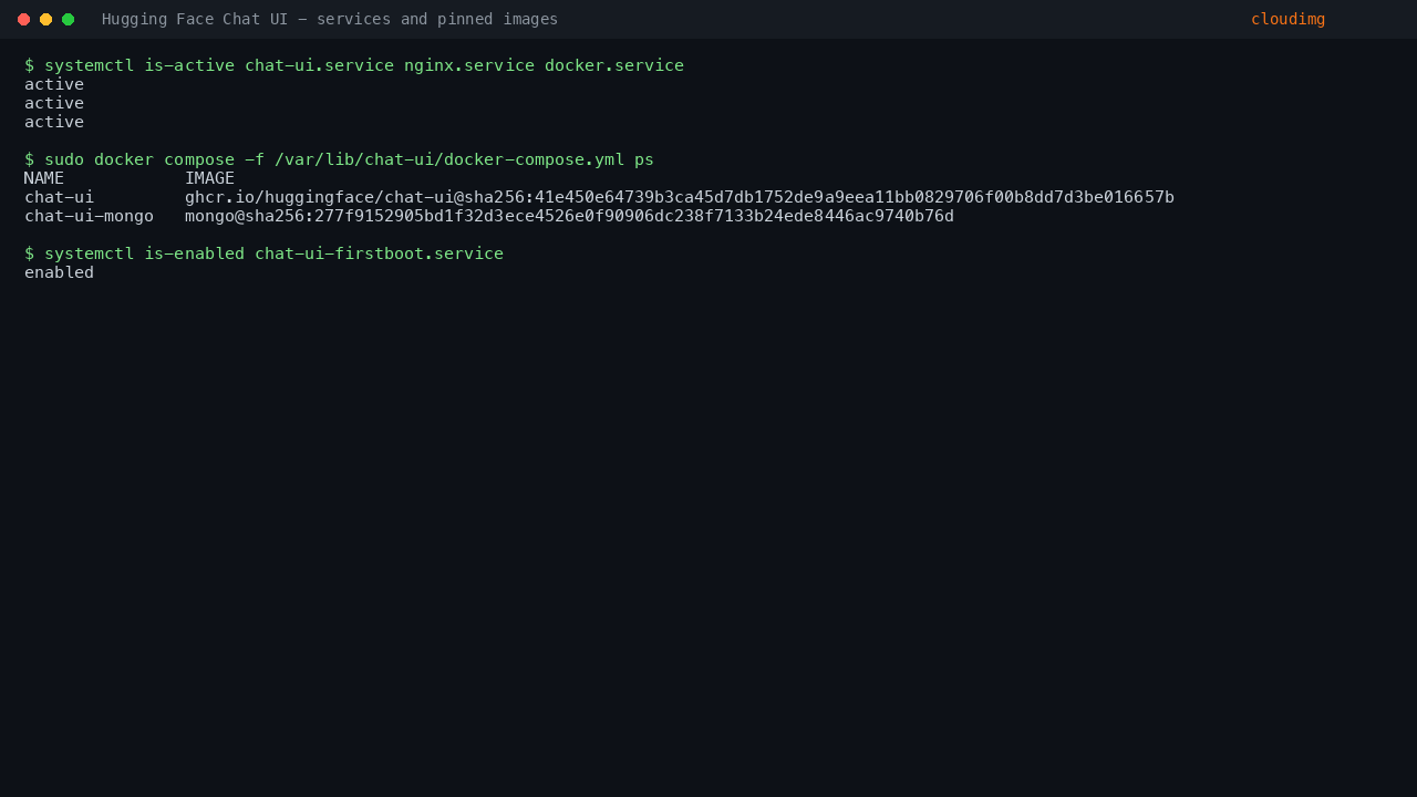 The docker, chat-ui-firstboot, chat-ui and nginx services all active, and both the chat-ui and chat-ui-mongo containers running from images pinned by digest