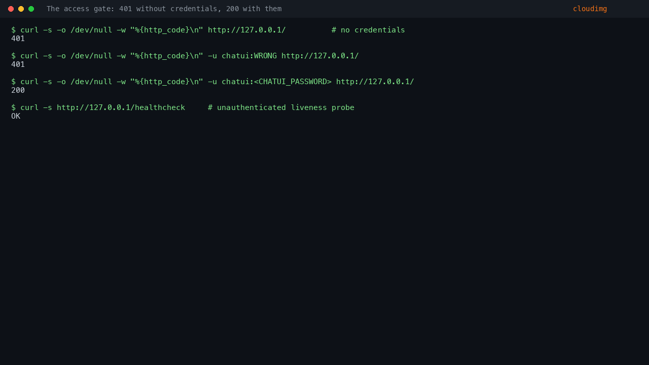 curl showing an unauthenticated request refused with HTTP 401, a wrong password refused with HTTP 401, the correct per VM credential returning HTTP 200, and the unauthenticated liveness probe returning OK
