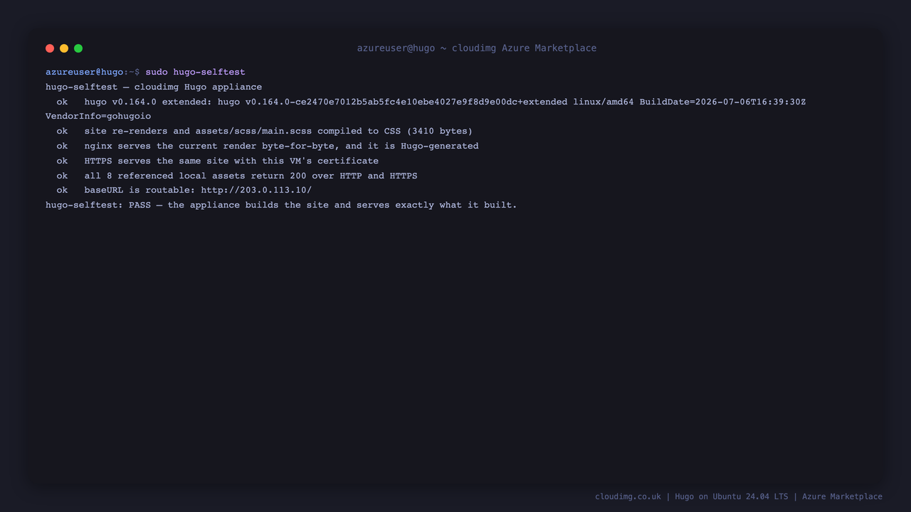 The bundled hugo-selftest command running end to end and reporting PASS across the extended binary, the fresh render, the SCSS compilation, the byte-for-byte match between disk and what nginx serves, the TLS certificate and the asset check