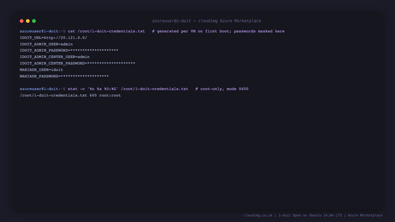 The per VM credentials file written by first boot, passwords masked