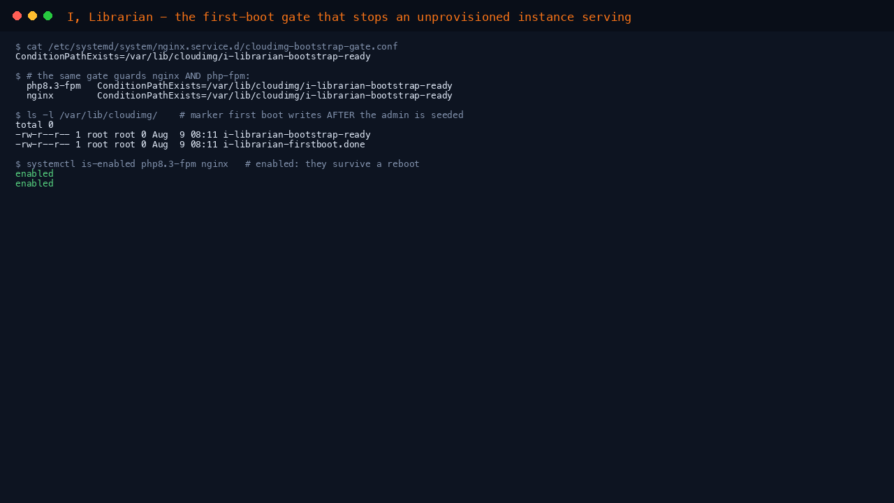 The systemd drop-in for nginx showing ConditionPathExists on the cloudimg i-librarian bootstrap-ready marker, the same condition on php8.3-fpm, the marker and first-boot sentinel present in /var/lib/cloudimg, and both units reported as enabled so they survive a reboot