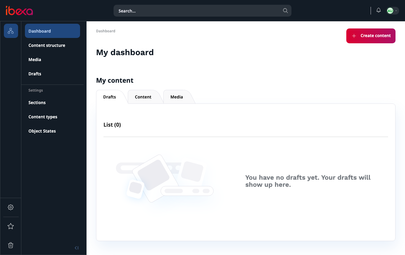 The Ibexa back-office dashboard