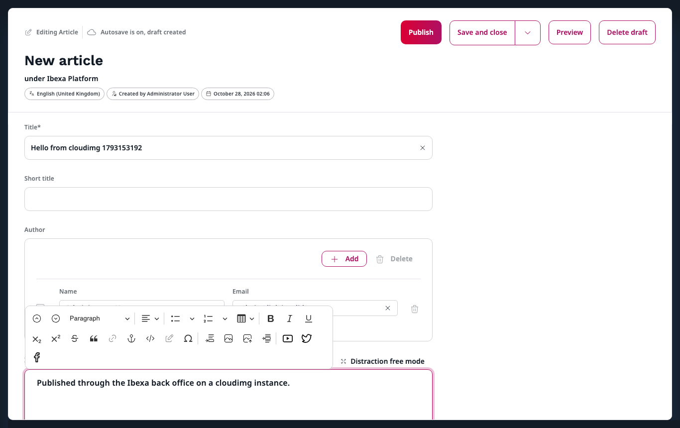 Creating an Article in the Ibexa back office