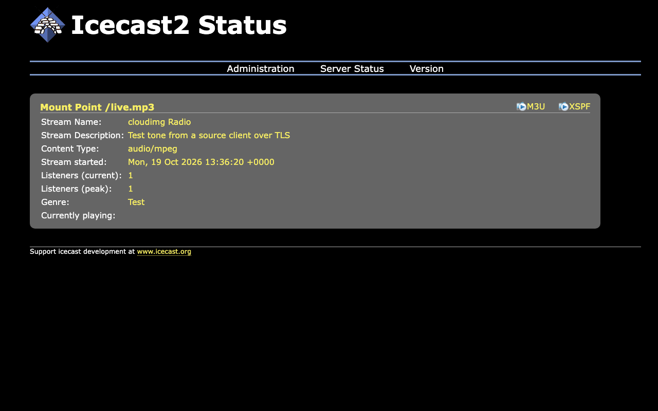 The Icecast status page showing the live mountpoint /live.mp3 named cloudimg Radio, its description, content type audio/mpeg, one listener and the M3U and XSPF playlist links