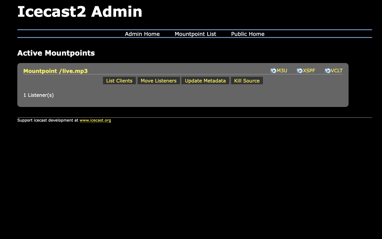The Icecast admin mountpoint list with the /live.mp3 mountpoint, one listener and the List Clients, Move Listeners, Update Metadata and Kill Source controls