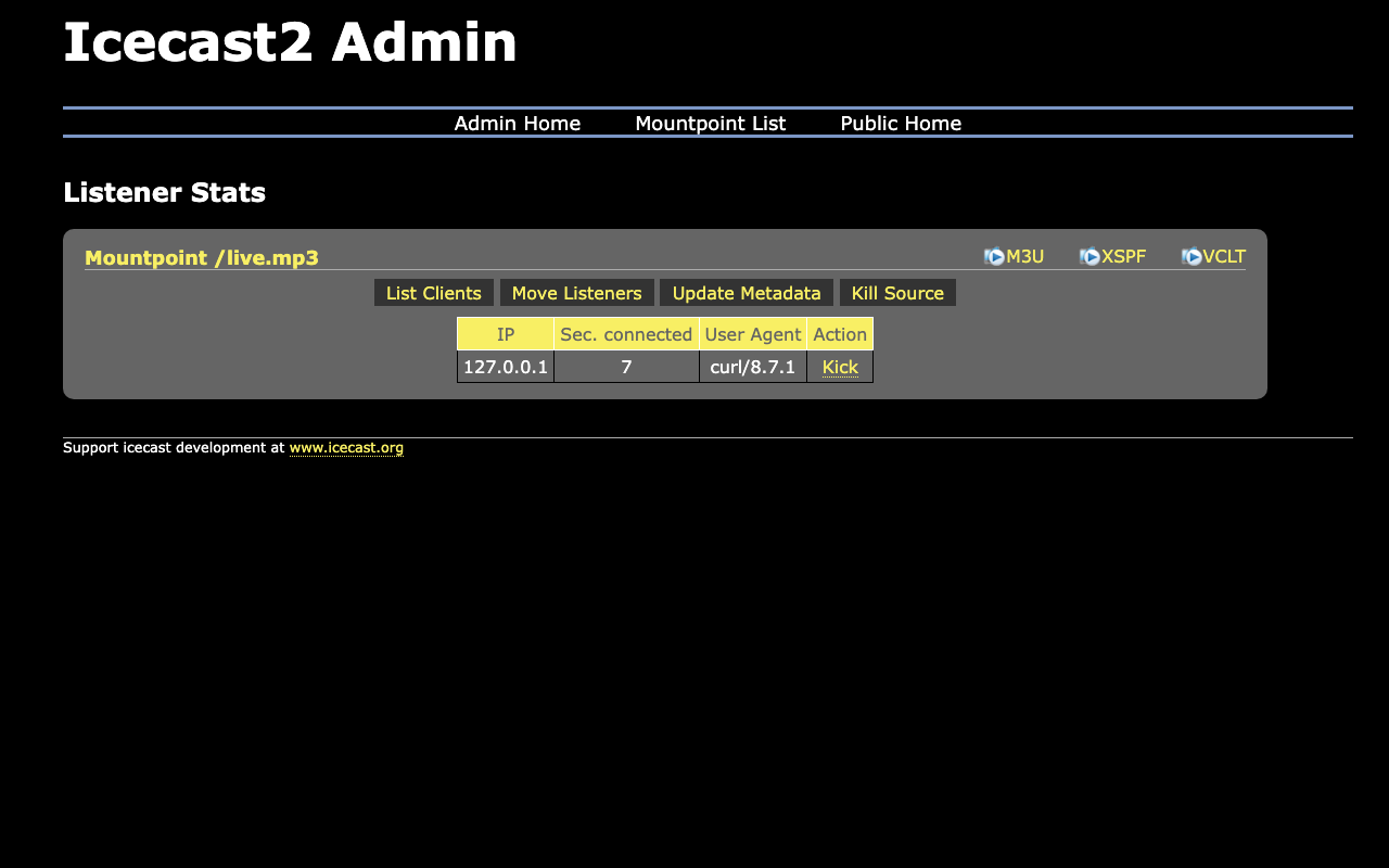 The Icecast admin listener list for /live.mp3 with one client, its connected time, user agent and a Kick action