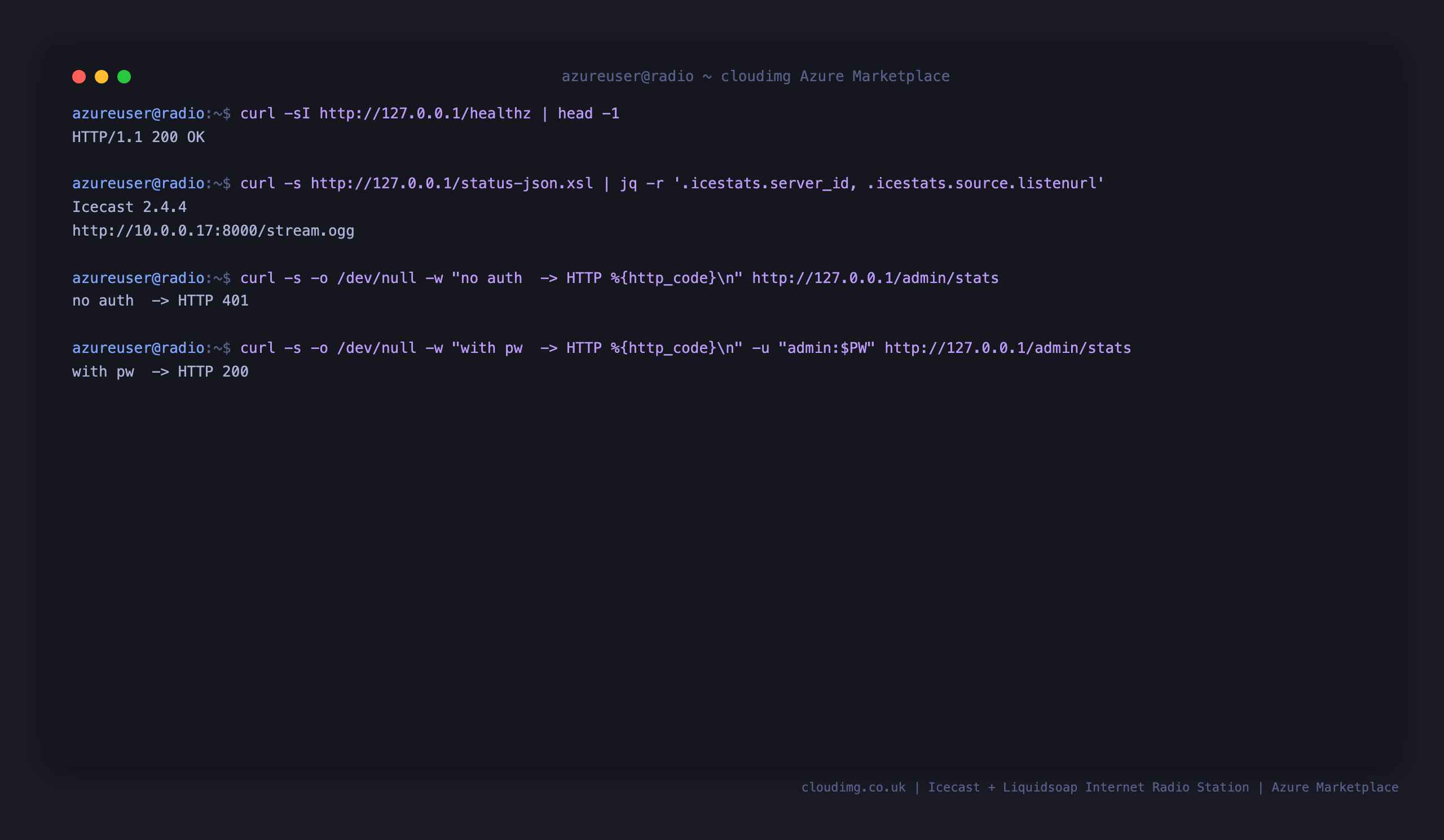 The health endpoint returning 200, the reported server version and the live stream URL, and the admin interface returning 401 without a password and 200 with it