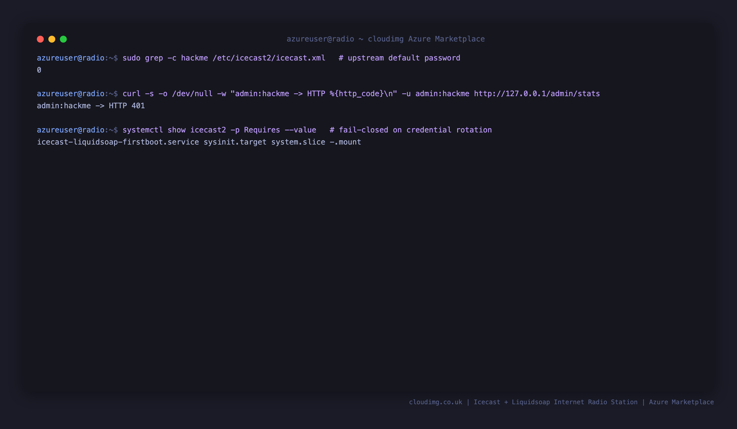 The upstream default password absent from the configuration, rejected with 401, and icecast2 requiring the first boot credential rotation