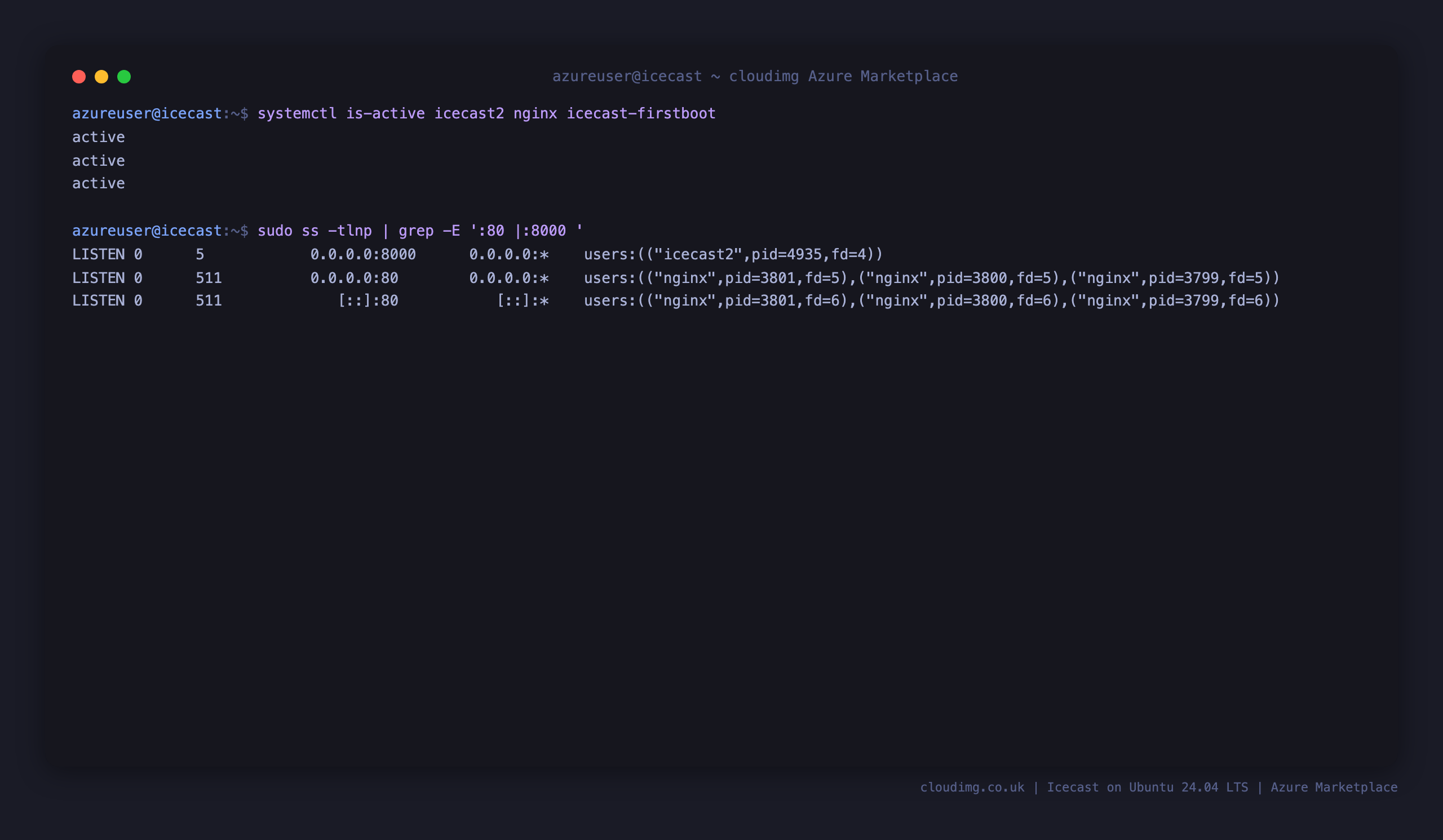 The icecast2, nginx and icecast-firstboot units all active, with Icecast listening on port 8000 and nginx on port 80