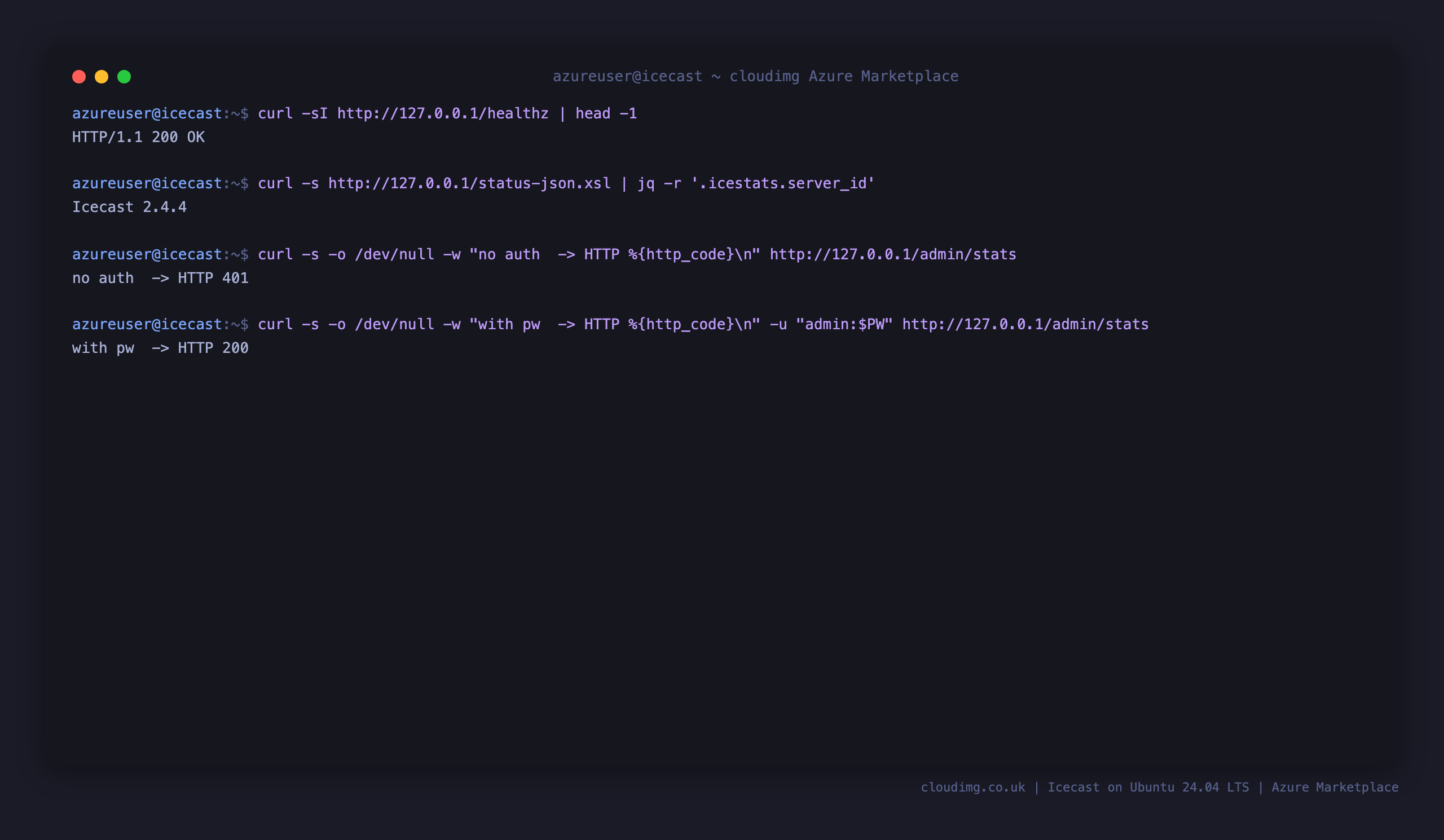 The health endpoint returning 200, the reported server version, and the admin interface returning 401 without a password and 200 with it