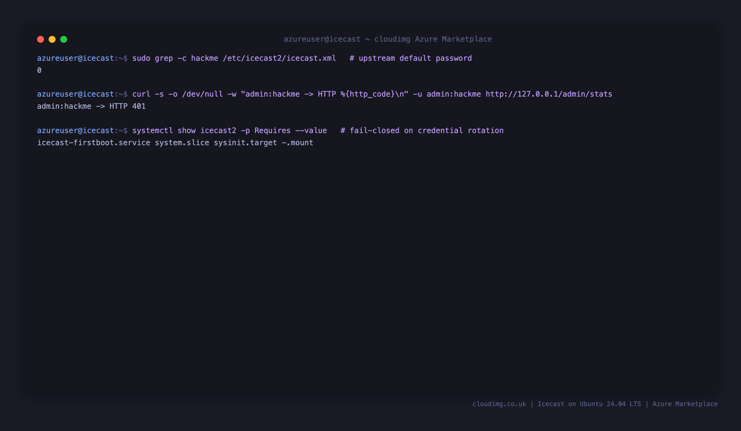 The upstream default password absent from the configuration, rejected with 401, and icecast2 requiring the first boot credential rotation