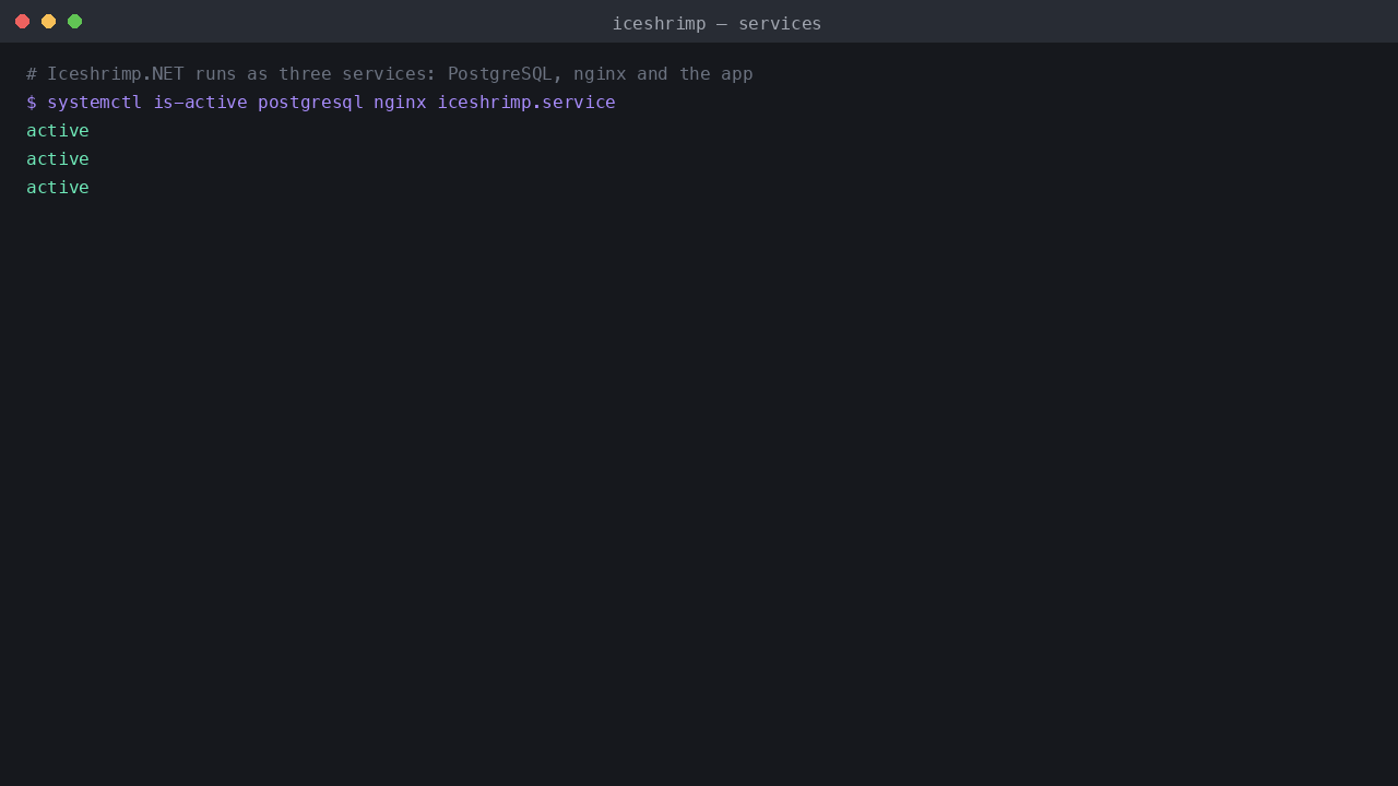 Iceshrimp.NET, PostgreSQL and nginx services all active