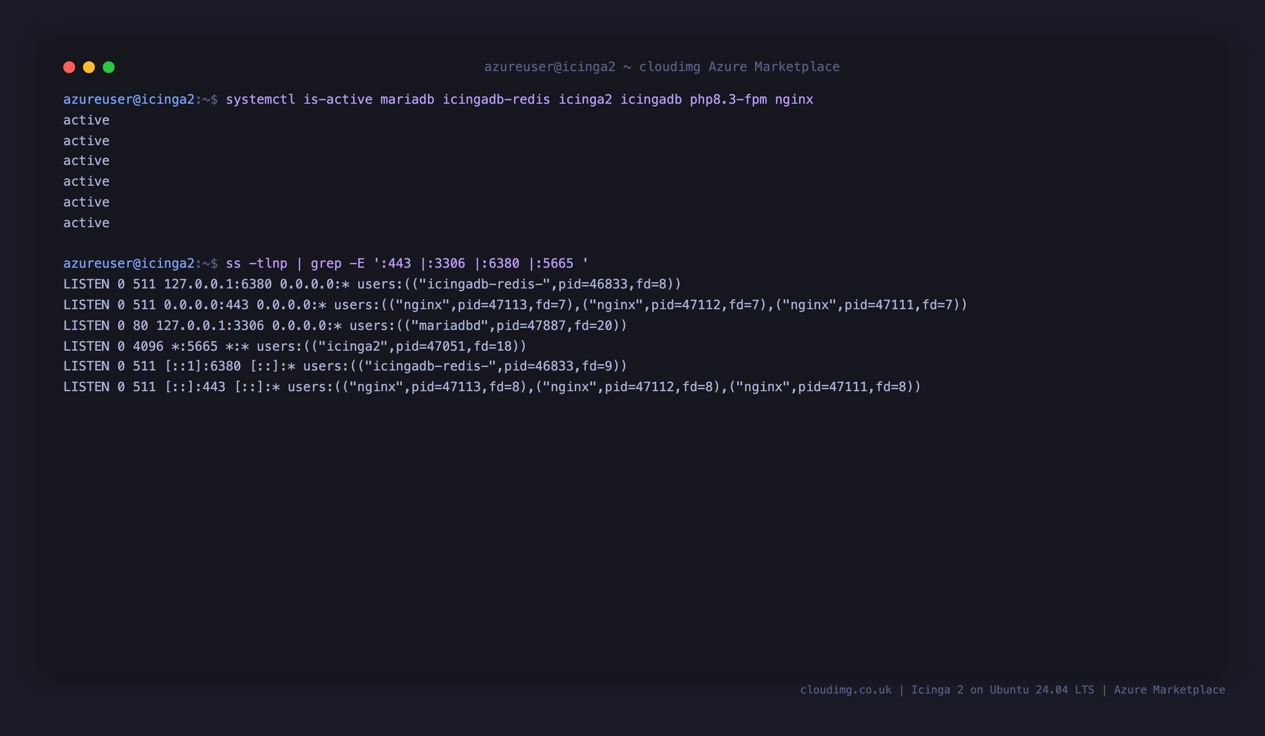 The mariadb, icingadb-redis, icinga2, icingadb, php8.3-fpm and nginx services active, with nginx serving Icinga Web 2 on port 443 and MariaDB bound to loopback 127.0.0.1:3306