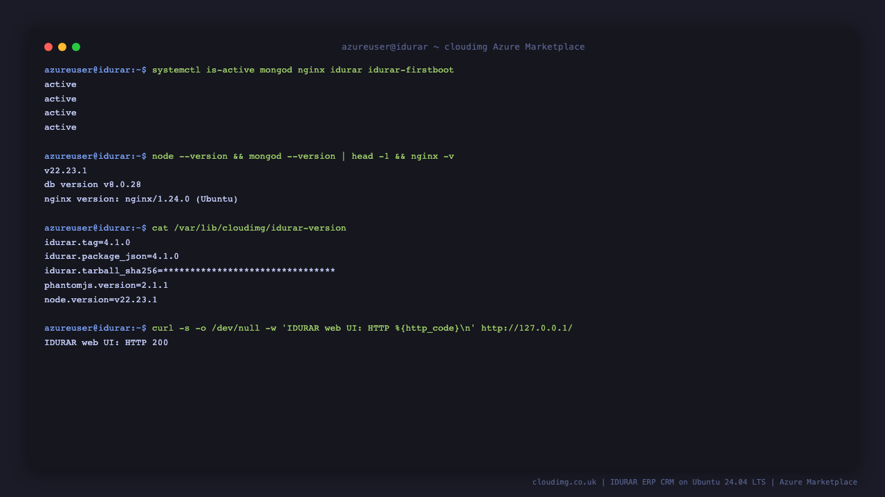 The mongod, nginx, idurar and idurar-firstboot services all reporting active, with Node.js 22, MongoDB 8.0 and nginx versions, the pinned IDURAR release and a HTTP 200 from the web console