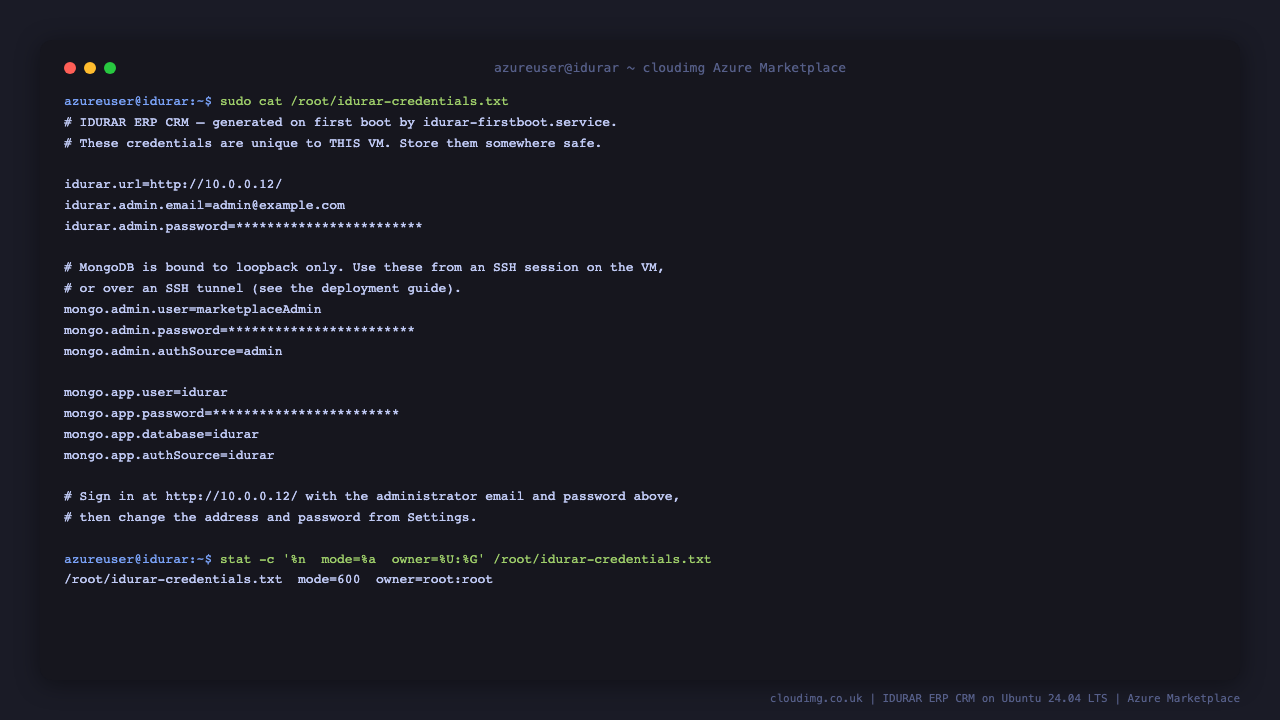 The per VM credentials file showing the console URL, the administrator email, and the MongoDB administrator and application accounts with their passwords masked, and the file confirmed as mode 600 owned by root