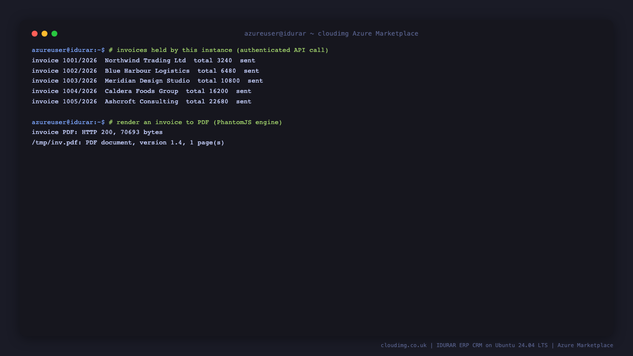 The authenticated invoice list returned by the API, and an invoice rendered to a real PDF document by the PhantomJS engine