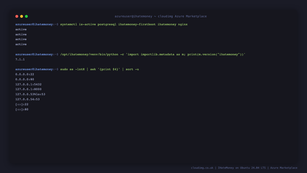 The postgresql, ihatemoney-firstboot, ihatemoney and nginx services all reporting active, the deployed distribution declaring version 7.1.1, and the listening sockets showing the application on 127.0.0.1:8000 and PostgreSQL on 127.0.0.1:5432 with only nginx on port 80 exposed