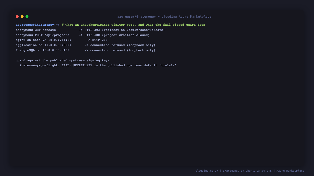 An anonymous request to slash create answering HTTP 303 with a redirect to the administrator gate, an anonymous API project creation answering HTTP 400, nginx answering HTTP 200 on the VM's own routable address while the application port and PostgreSQL port both refuse connections there, and the fail closed guard rejecting the published upstream signing key tralala
