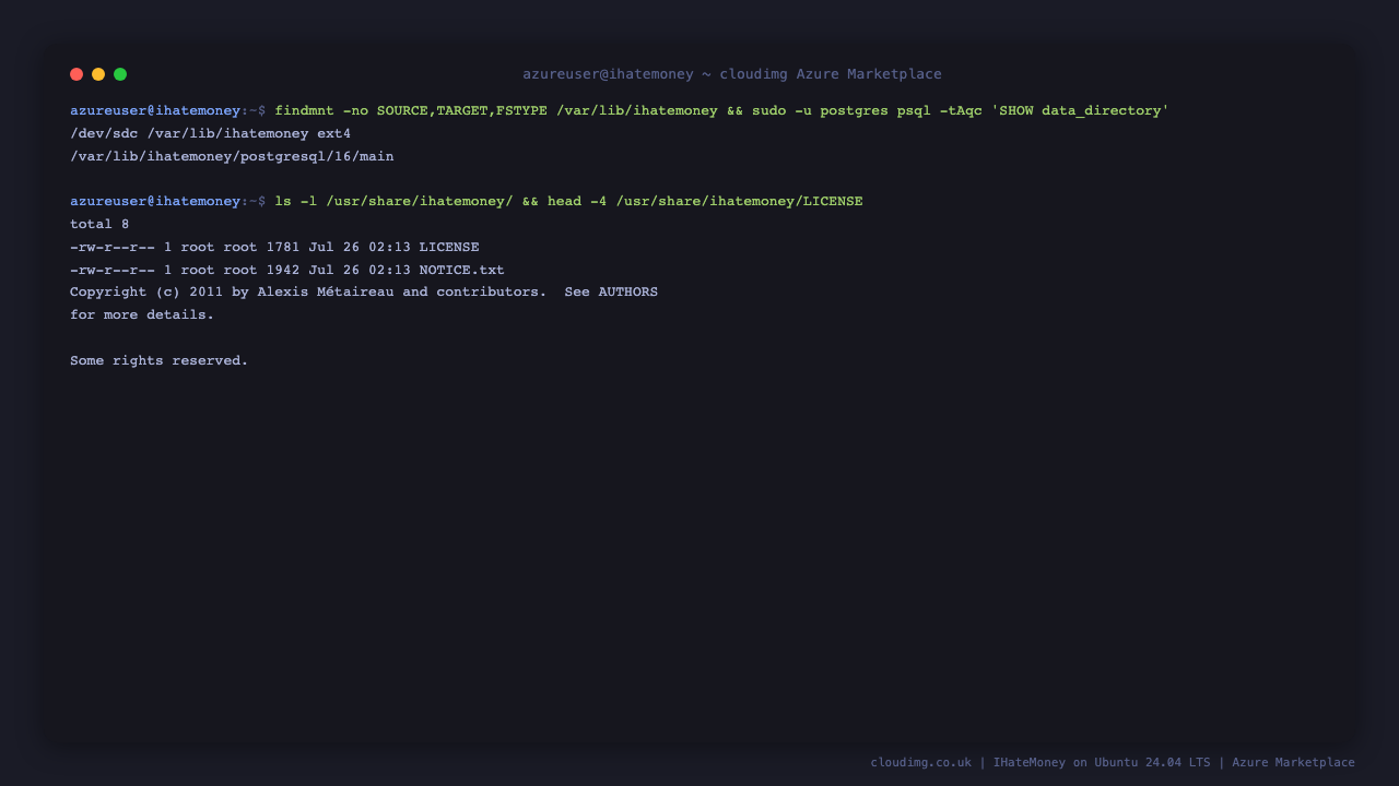 The data disk mounted at slash var slash lib slash ihatemoney as ext4 with the PostgreSQL data directory inside it, and the licence directory listing the LICENSE and NOTICE files with the opening lines of the BSD three clause style licence