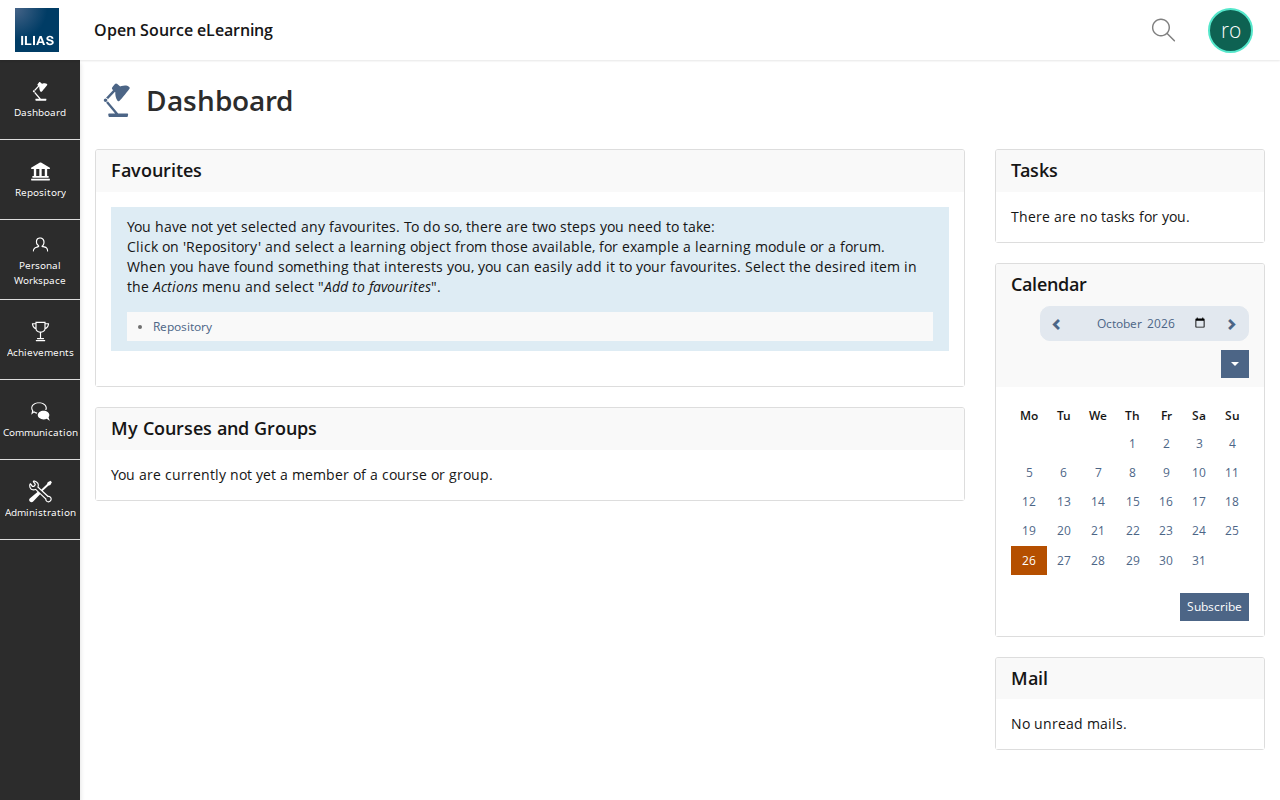 The ILIAS dashboard after sign-in