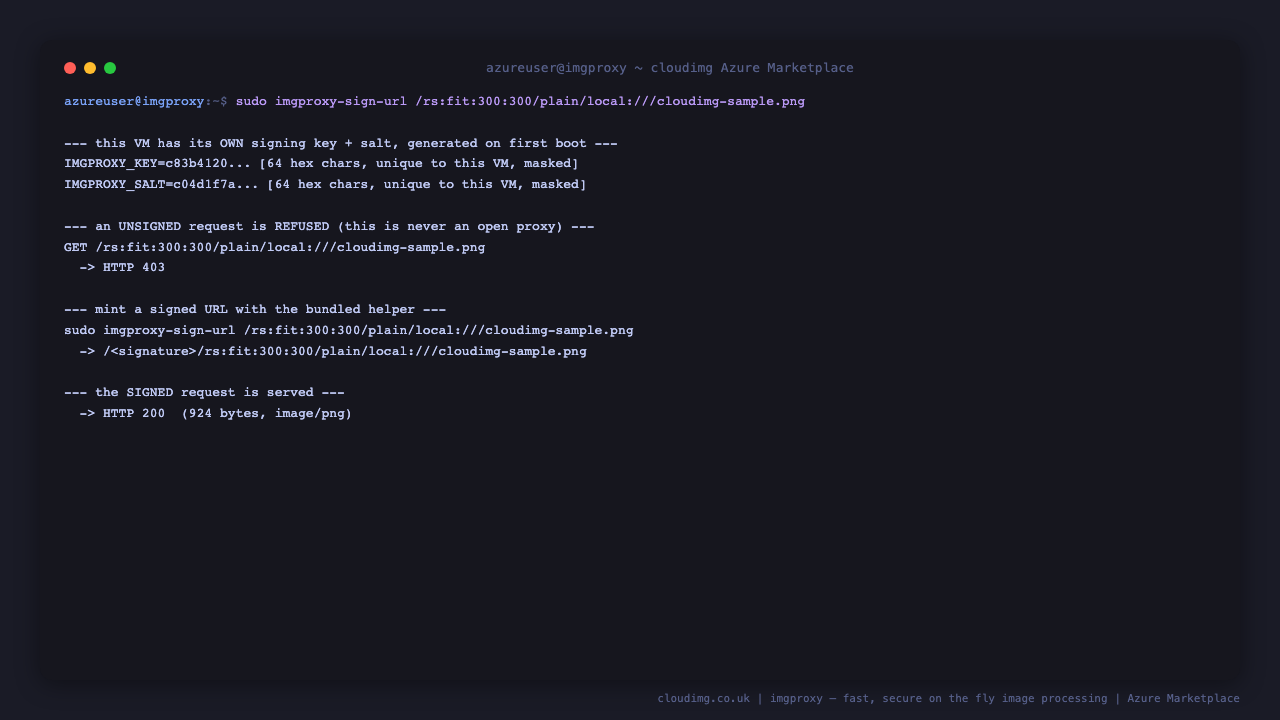 The per VM IMGPROXY_KEY and IMGPROXY_SALT shown masked, an unsigned request for a processing URL being refused with HTTP 403, the imgproxy-sign-url helper minting a signed path, and the same request with a valid signature returning HTTP 200 with an image/png response body
