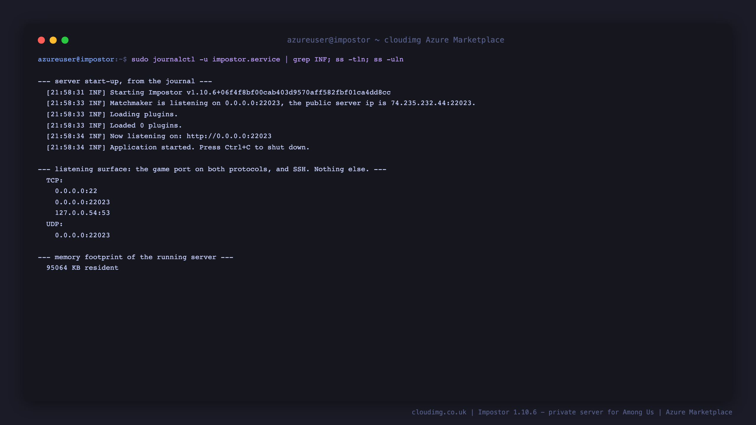Terminal showing the running server journal with Impostor v1.10.6 starting, the matchmaker listening on all addresses with the resolved public server IP, plugins loading and the HTTP server reachable, and the listener audit showing TCP 22 and 22023 plus UDP 22023 as the only exposed ports