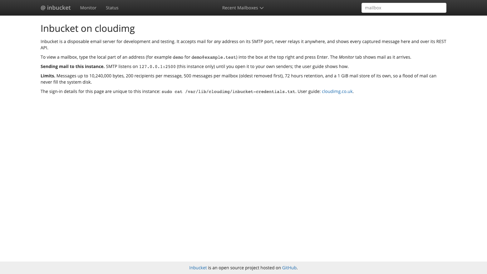 The Inbucket home page on cloudimg, describing the SMTP address 127.0.0.1:2500 and the mail limits