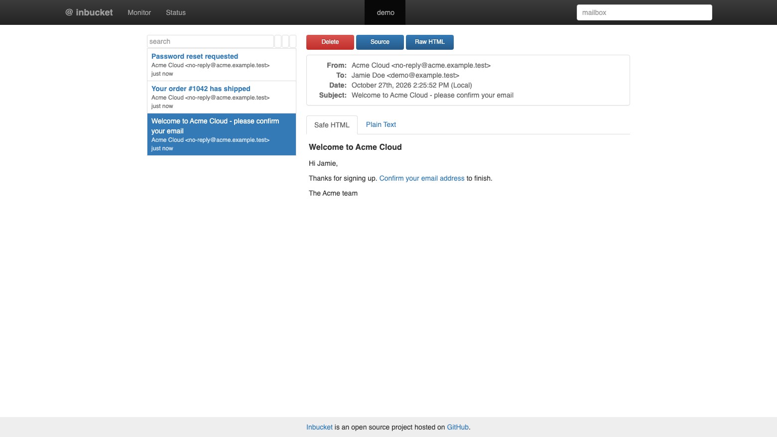 An Inbucket mailbox named demo with three captured messages and a welcome email open in the Safe HTML tab
