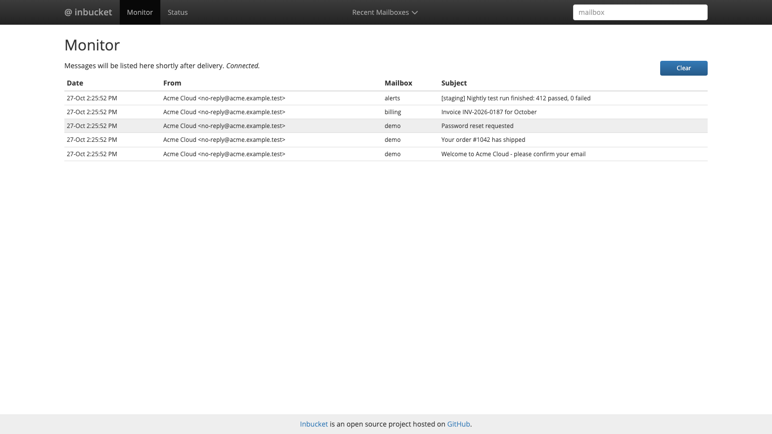 The Inbucket Monitor page, Connected, listing recently received messages for the alerts, billing and demo mailboxes
