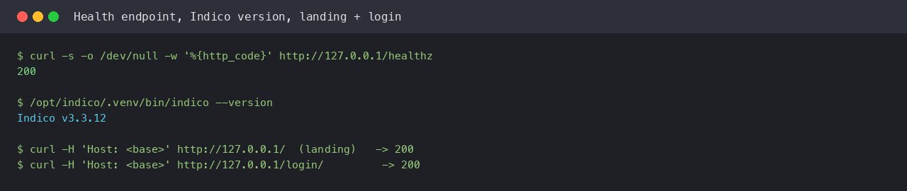The health endpoint returning 200, the Indico version, and the landing and login pages returning 200