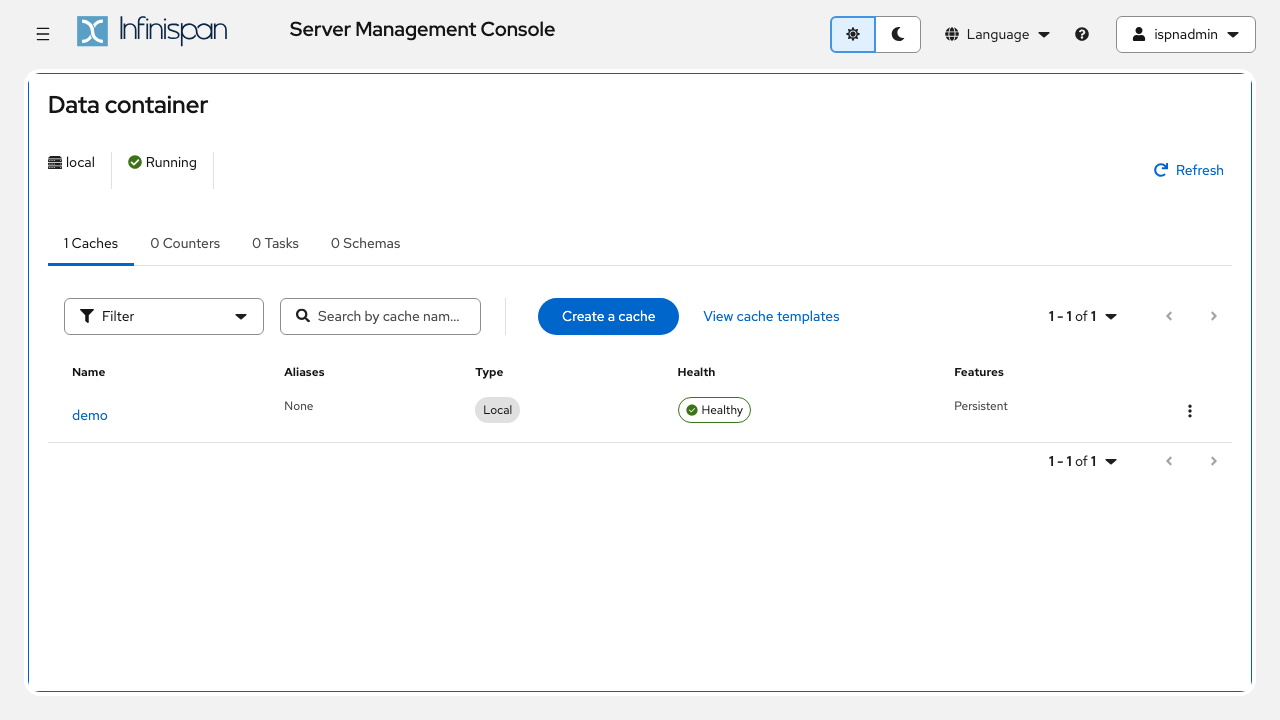 The Infinispan web console listing a healthy, persistent cache