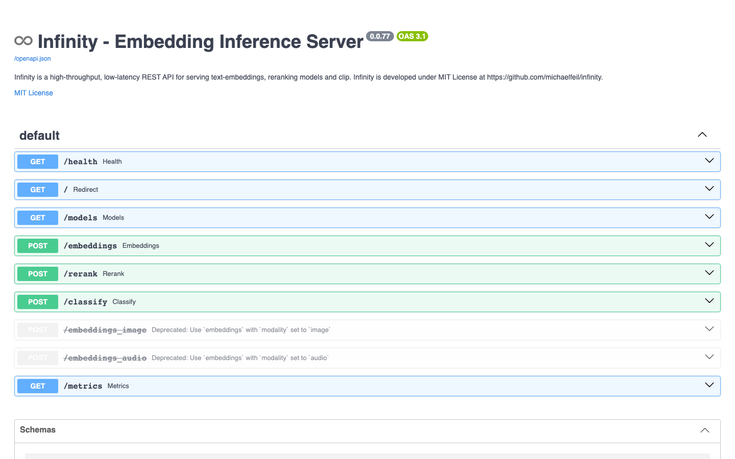 The Infinity 0.0.77 OpenAPI page listing the health, models, embeddings, rerank, classify and metrics routes