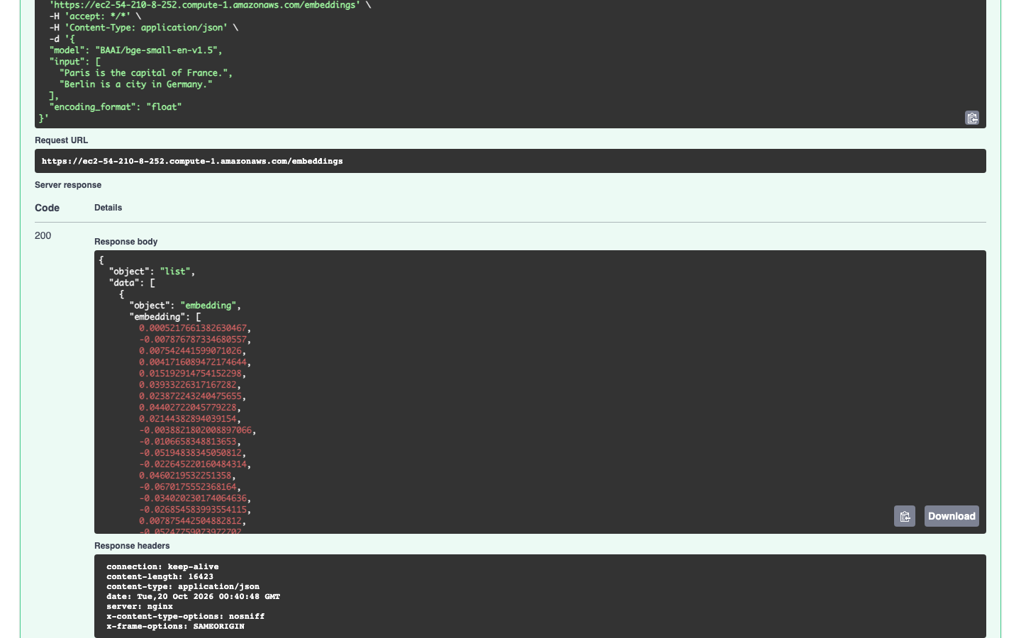 The response of POST /embeddings in the OpenAPI page: HTTP 200 with the embedding vector of the first input