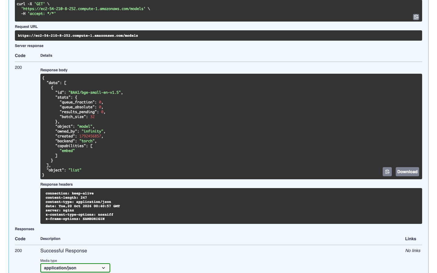 The response of GET /models in the OpenAPI page: the BAAI/bge-small-en-v1.5 model with the torch backend and the embed capability