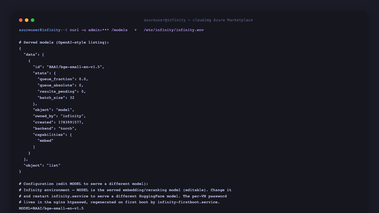 The /models endpoint returns an OpenAI-style list document naming the served model BAAI/bge-small-en-v1.5 with backend torch and the embed capability, alongside the infinity.env configuration file showing the MODEL setting