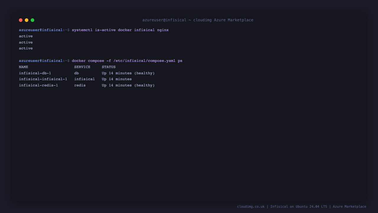 systemctl reporting docker, infisical and nginx active, and the three containers running and healthy under Docker Compose