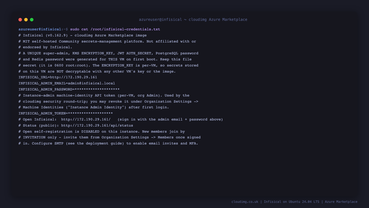 The per VM access notes, with the instance URL, admin email and the admin password and identity token masked