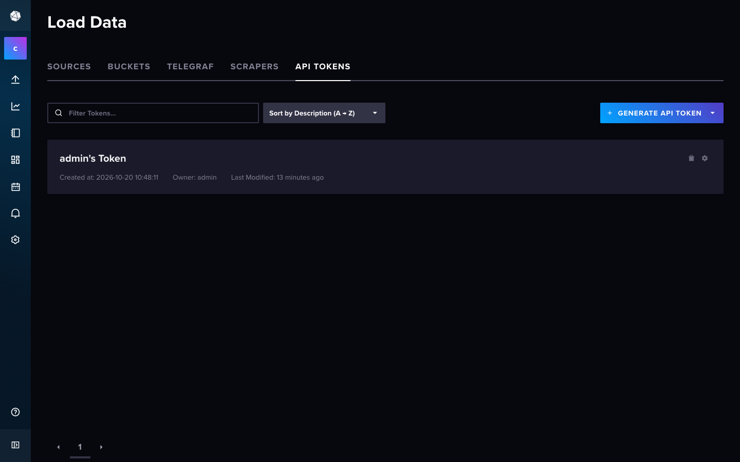 The InfluxDB API Tokens page listing the operator token