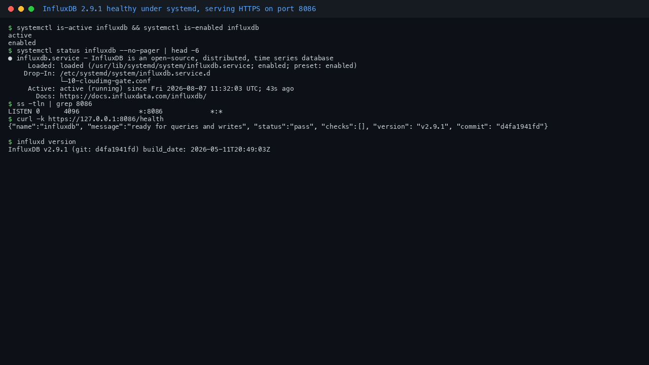 InfluxDB 2.9.1 healthy under systemd and serving HTTPS on port 8086