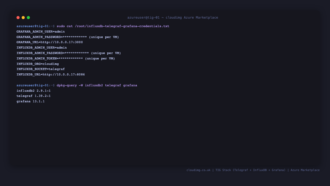 The per-VM credentials file (0600 root only) and the installed component versions
